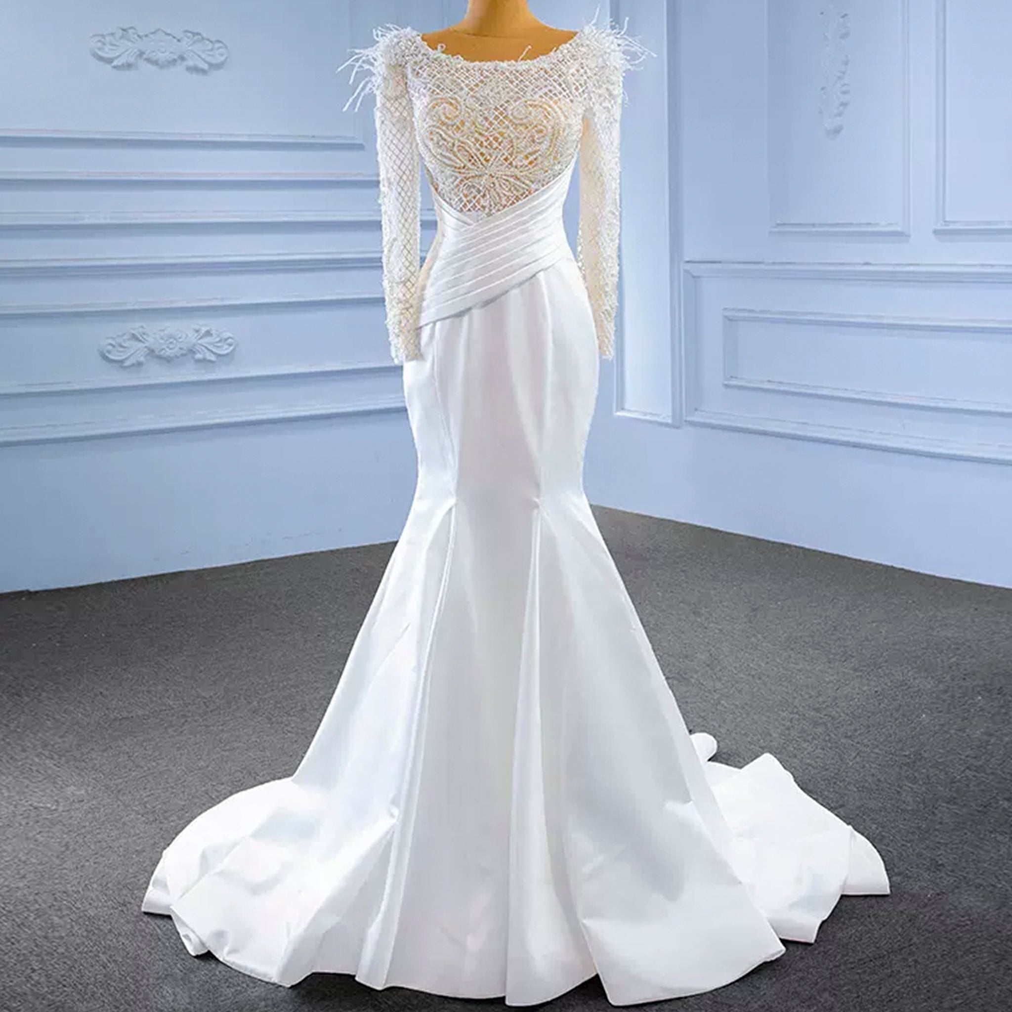 Elegant Mermaid Satin Wedding Dress Pearl Beaded Long Sleeve Bridal Dress - Rosymae
