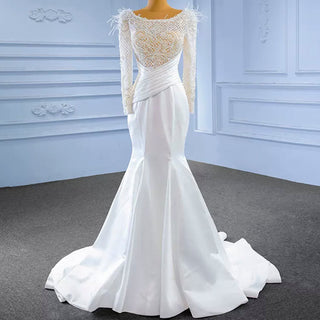Elegant Mermaid Satin Wedding Dress Pearl Beaded Long Sleeve Bridal Dress - Rosymae