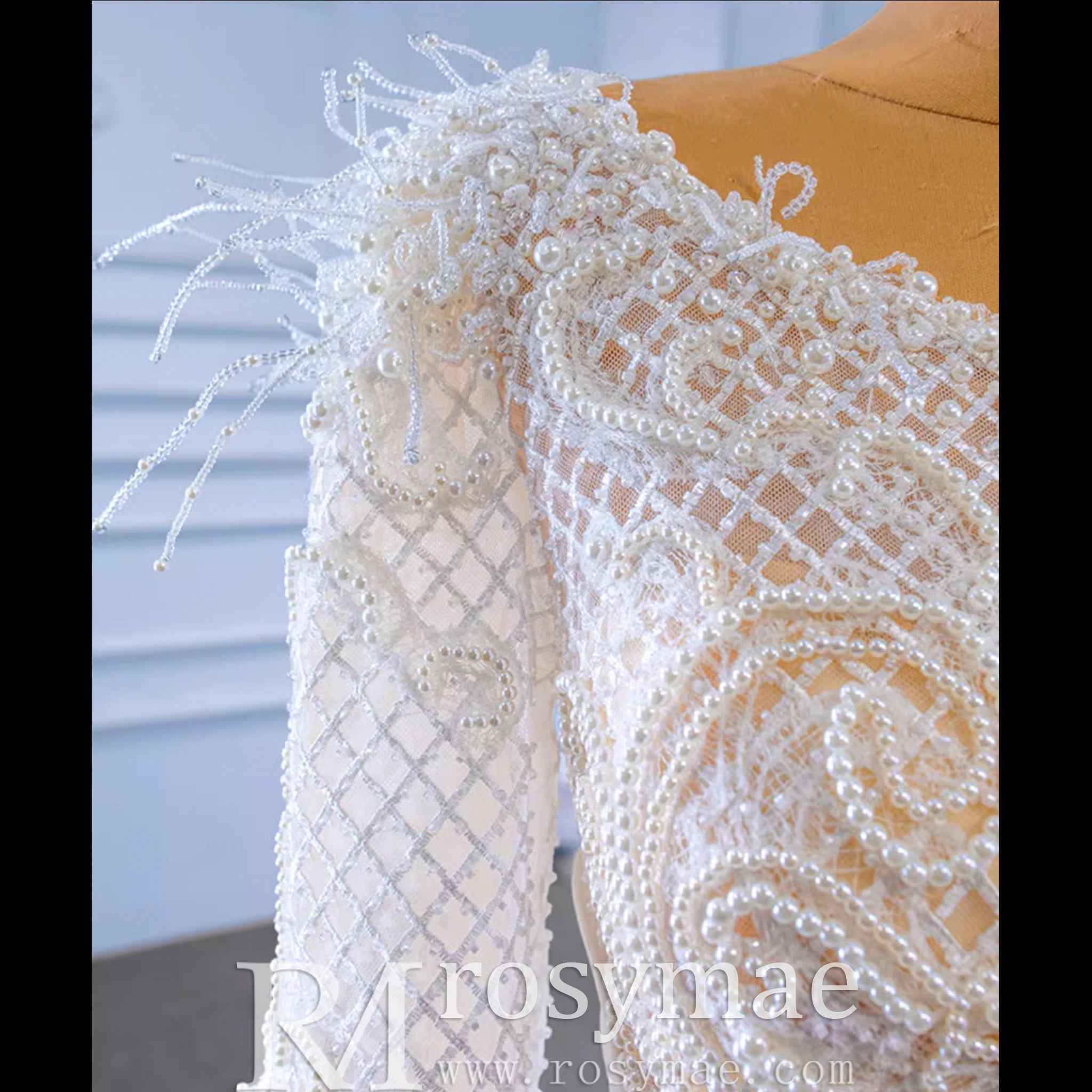 Elegant Mermaid Satin Wedding Dress Pearl Beaded Long Sleeve Bridal Dress - Rosymae