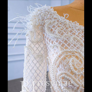 Elegant Mermaid Satin Wedding Dress Pearl Beaded Long Sleeve Bridal Dress - Rosymae