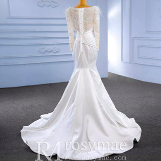 Elegant Mermaid Satin Wedding Dress Pearl Beaded Long Sleeve Bridal Dress - Rosymae