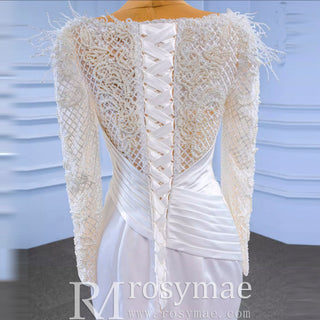 Elegant Mermaid Satin Wedding Dress Pearl Beaded Long Sleeve Bridal Dress - Rosymae