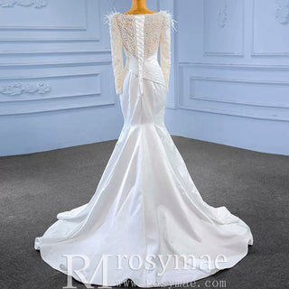 Elegant Mermaid Satin Wedding Dress Pearl Beaded Long Sleeve Bridal Dress - Rosymae