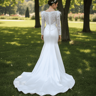 Elegant Mermaid Satin Wedding Dress Pearl Beaded Long Sleeve Bridal Dress - Rosymae
