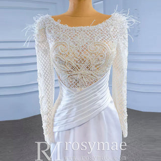 Elegant Mermaid Satin Wedding Dress Pearl Beaded Long Sleeve Bridal Dress - Rosymae