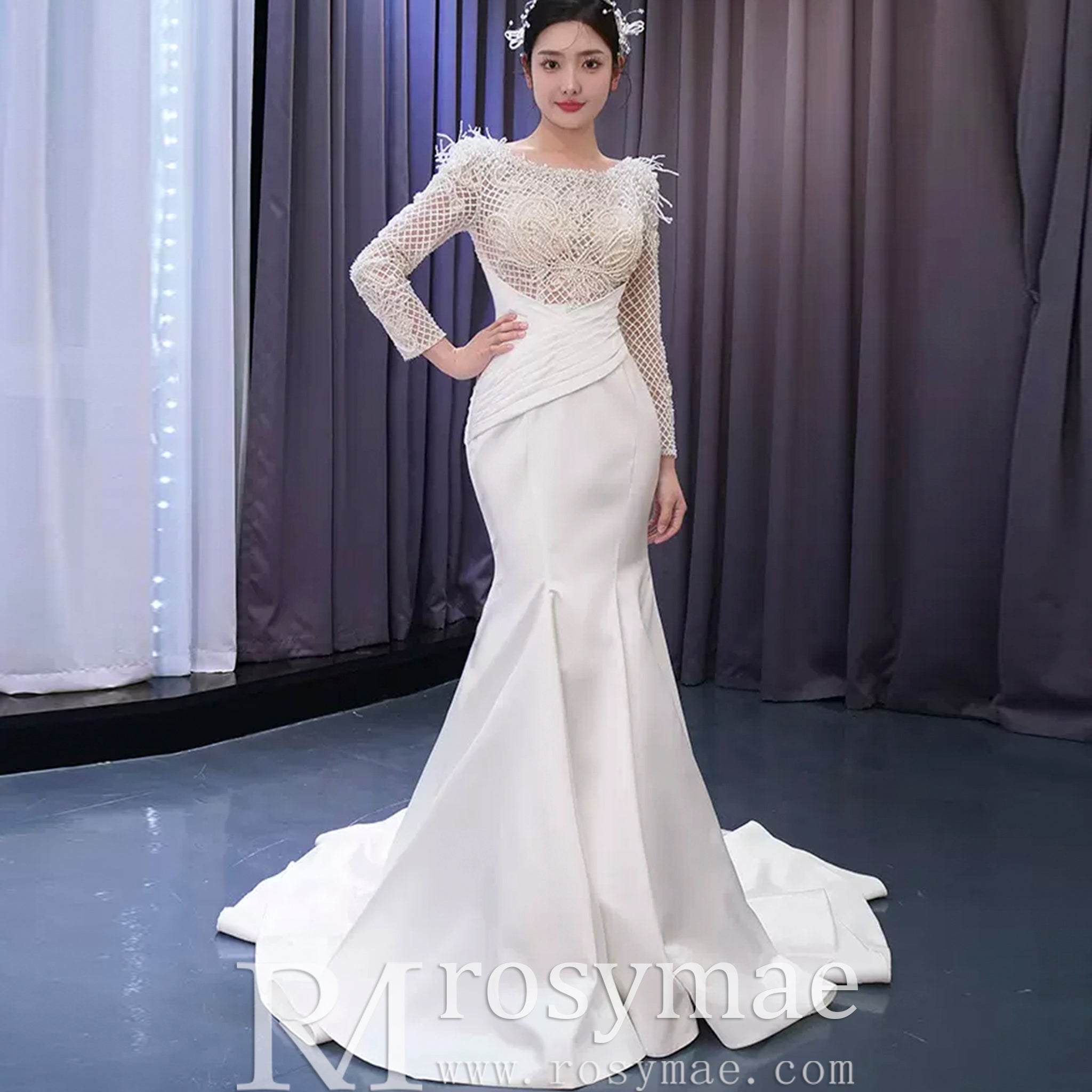 Elegant Mermaid Satin Wedding Dress Pearl Beaded Long Sleeve Bridal Dress - Rosymae