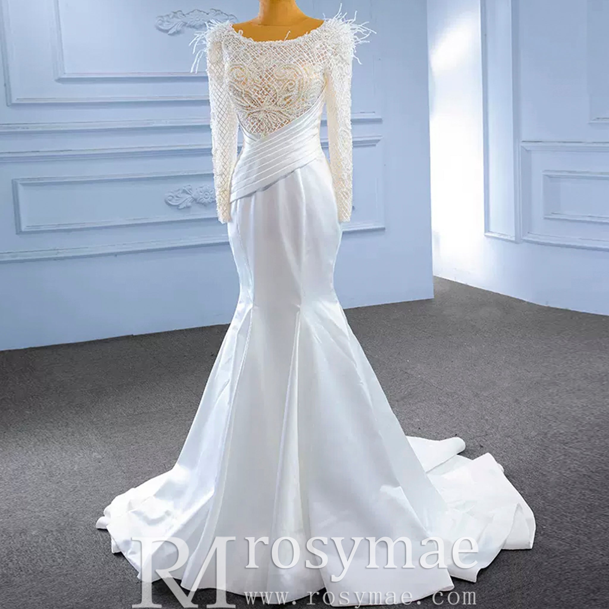 Elegant Mermaid Satin Wedding Dress Pearl Beaded Long Sleeve Bridal Dress - Rosymae