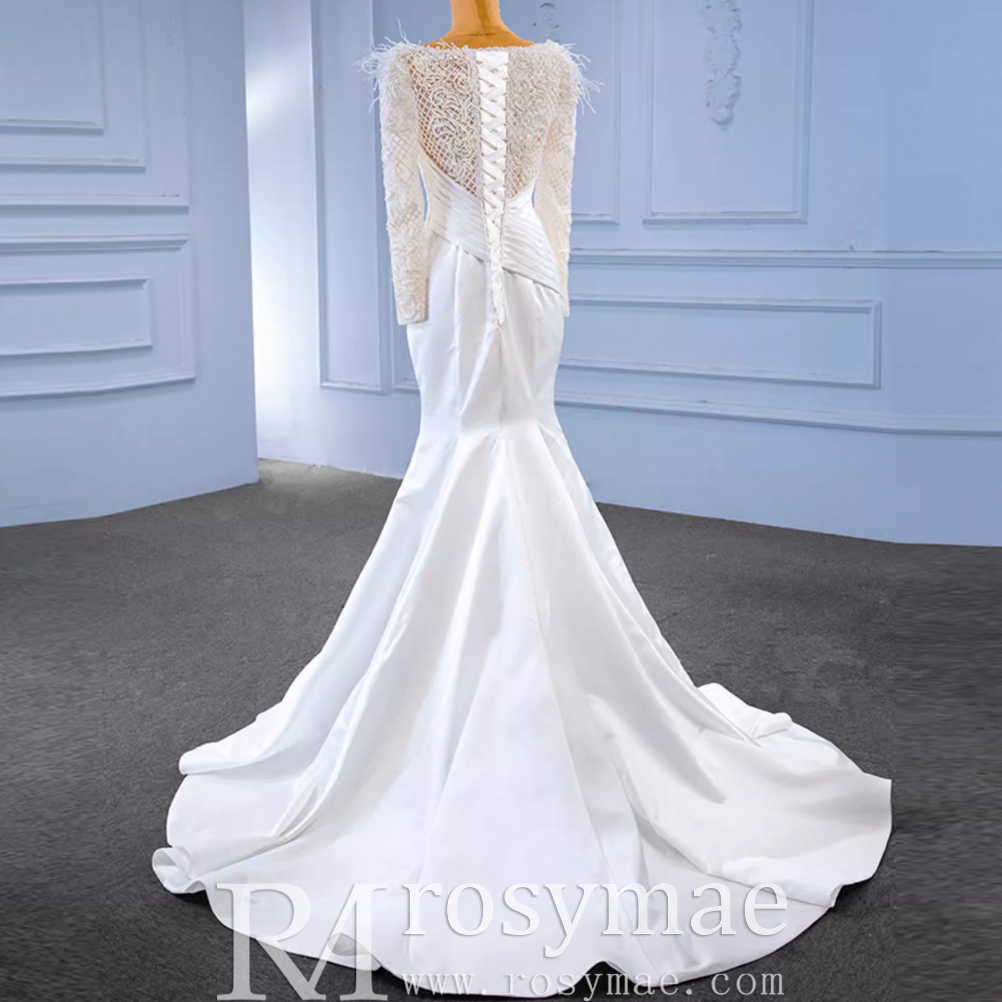 Elegant Mermaid Satin Wedding Dress Pearl Beaded Long Sleeve Bridal Dress - Rosymae