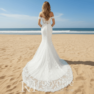 Elegant Mermaid Sheer Lace Off Shoulder Wedding Dress With Slit - Rosymae