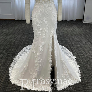 Elegant Mermaid Sheer Lace Off Shoulder Wedding Dress With Slit - Rosymae