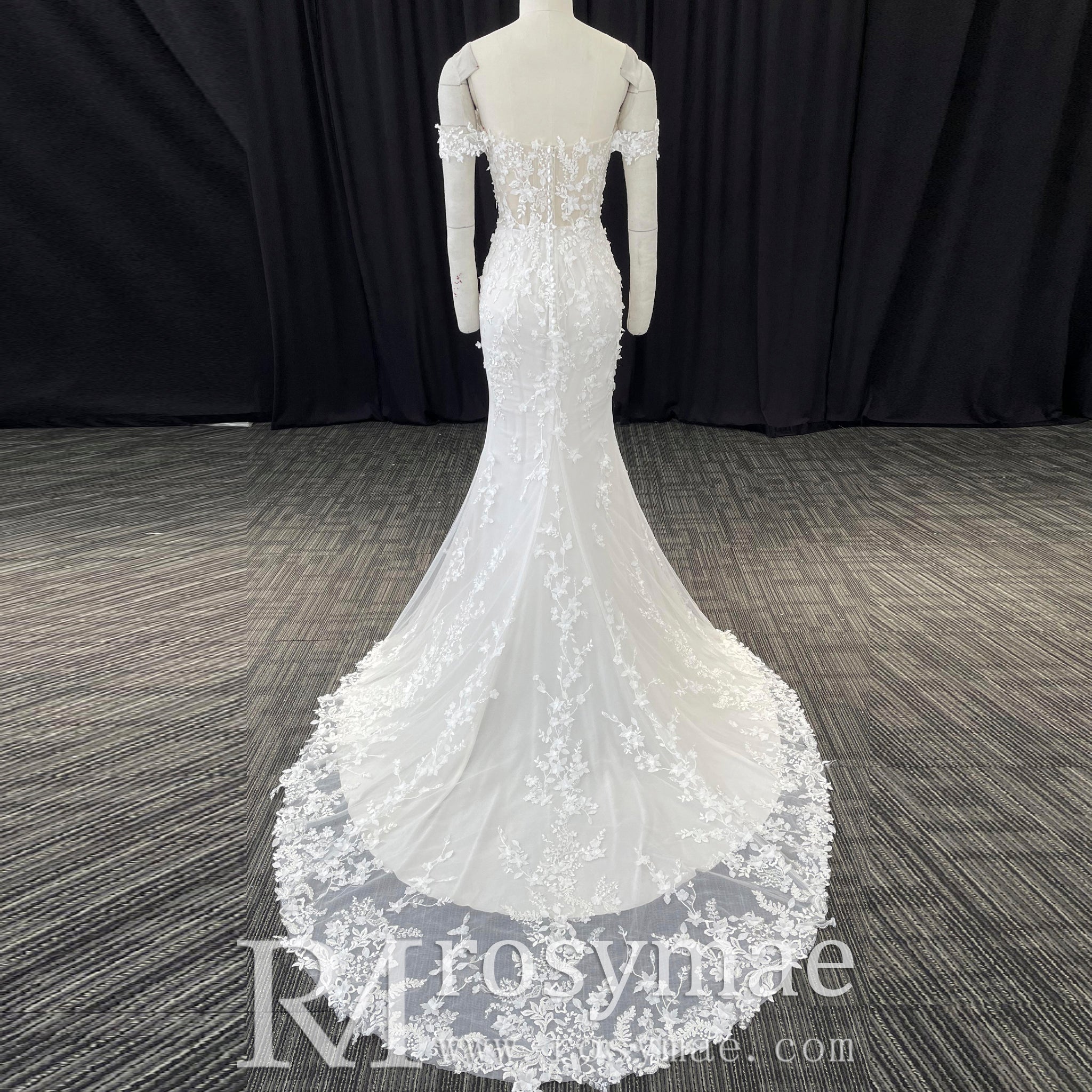 Elegant Mermaid Sheer Lace Off Shoulder Wedding Dress With Slit - Rosymae
