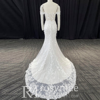 Elegant Mermaid Sheer Lace Off Shoulder Wedding Dress With Slit - Rosymae