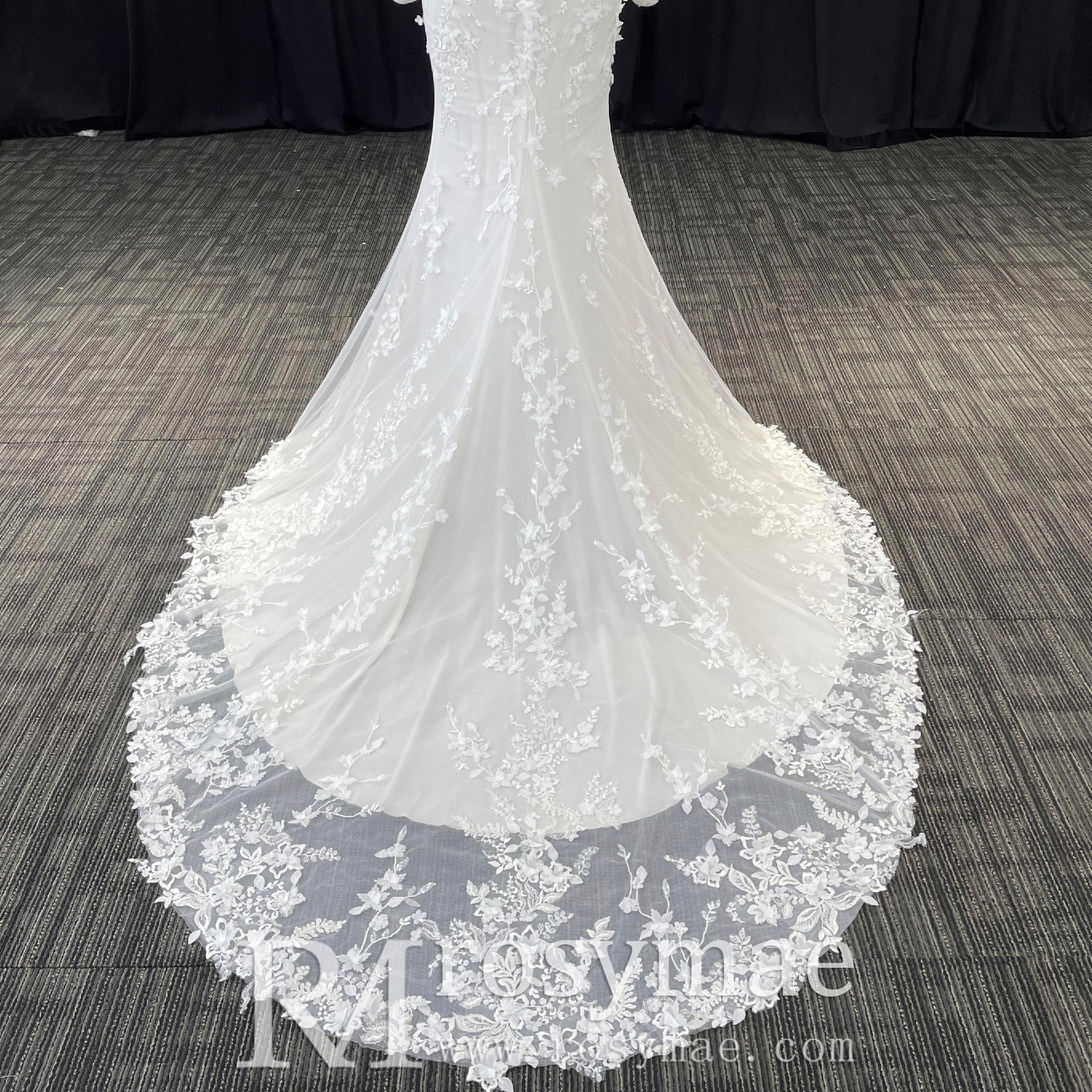 Elegant Mermaid Sheer Lace Off Shoulder Wedding Dress With Slit - Rosymae