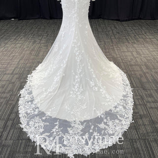 Elegant Mermaid Sheer Lace Off Shoulder Wedding Dress With Slit - Rosymae