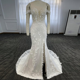 Elegant Mermaid Sheer Lace Off Shoulder Wedding Dress With Slit - Rosymae