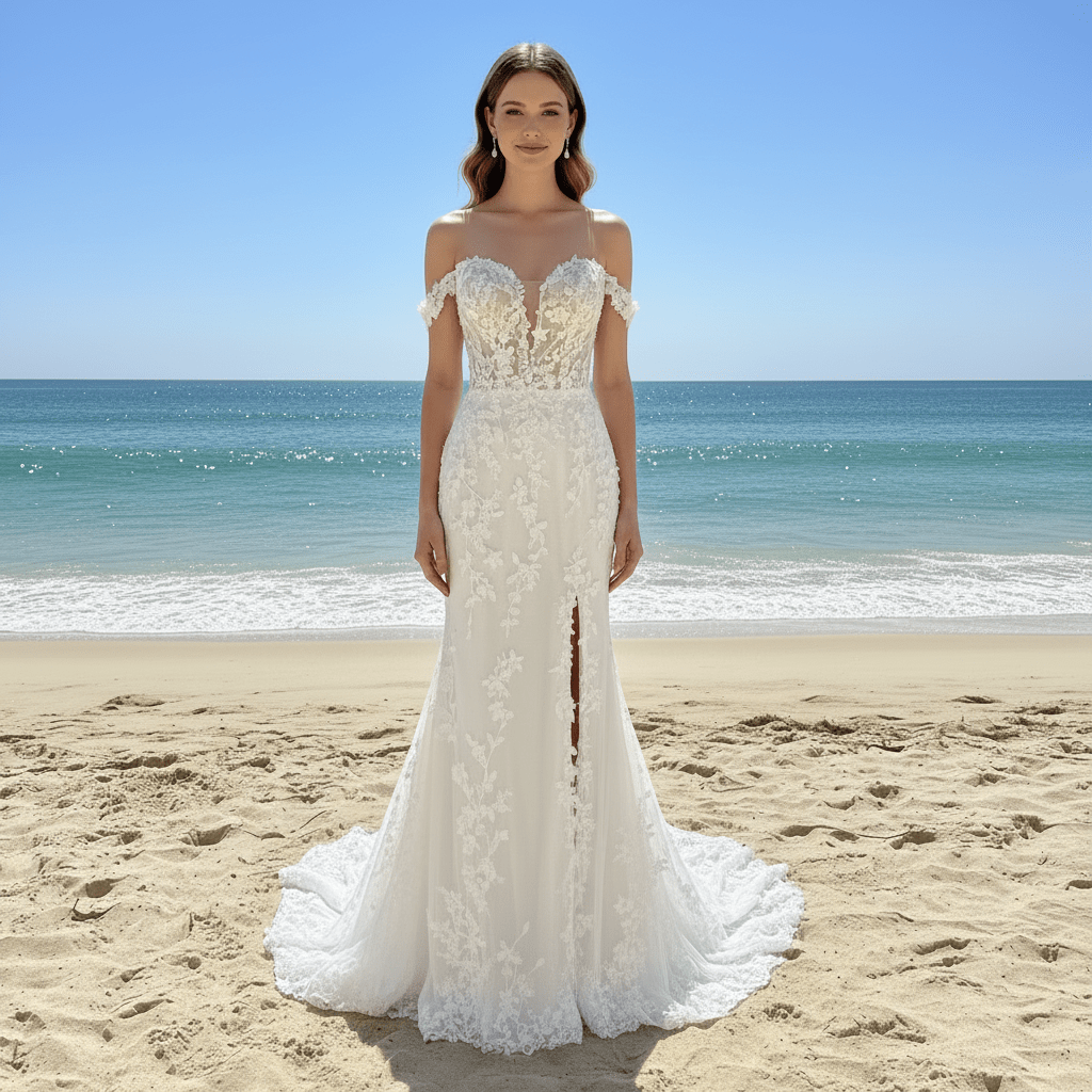 Elegant Mermaid Sheer Lace Off Shoulder Wedding Dress With Slit - Rosymae