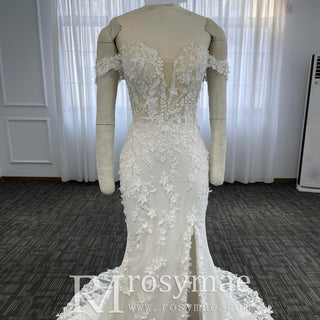 Elegant Mermaid Sheer Lace Off Shoulder Wedding Dress With Slit - Rosymae