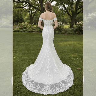 Elegant Mermaid Sheer Lace Off Shoulder Wedding Dress With Slit - Rosymae