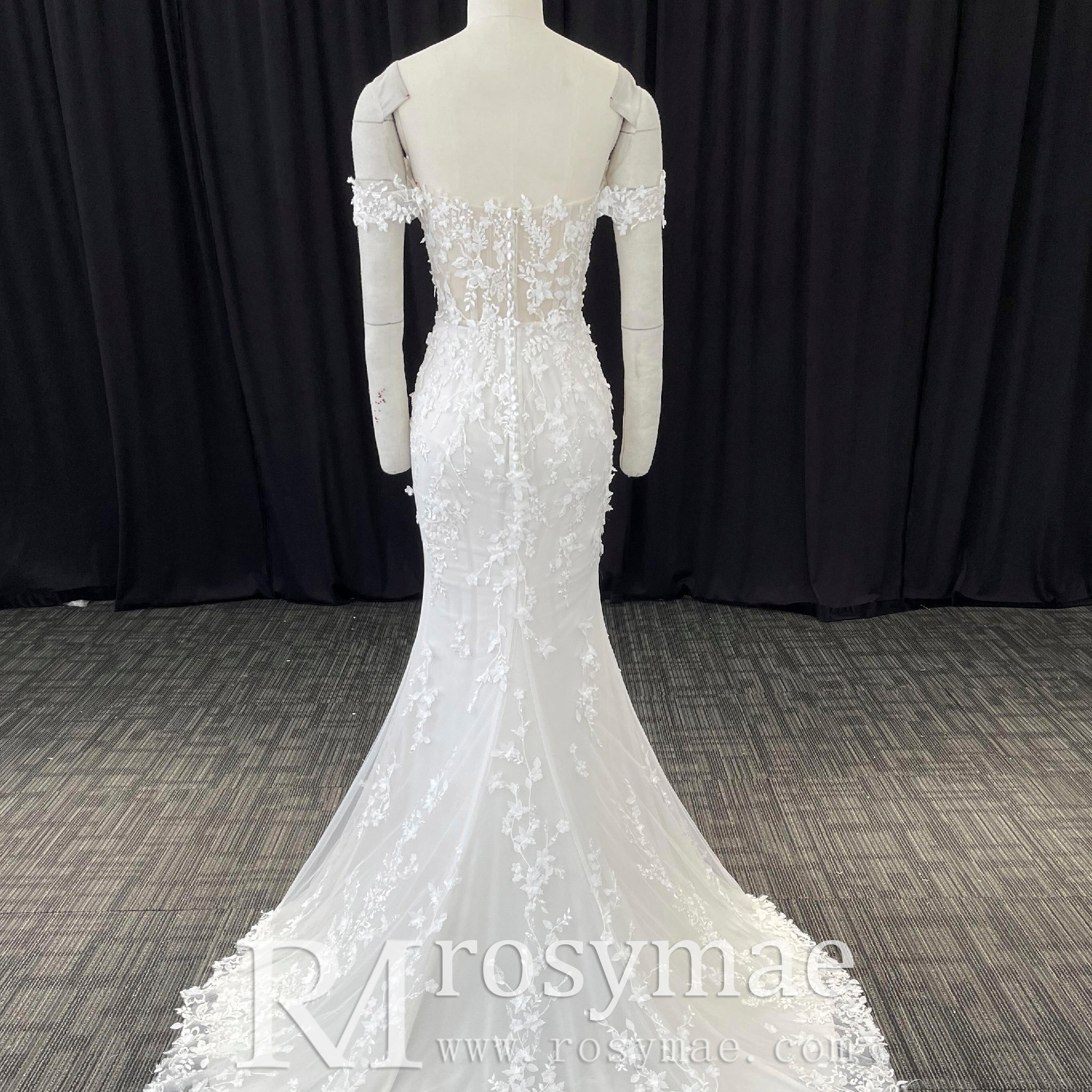 Elegant Mermaid Sheer Lace Off Shoulder Wedding Dress With Slit - Rosymae