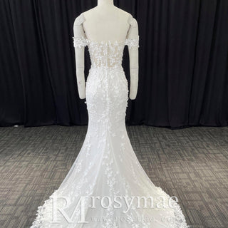 Elegant Mermaid Sheer Lace Off Shoulder Wedding Dress With Slit - Rosymae
