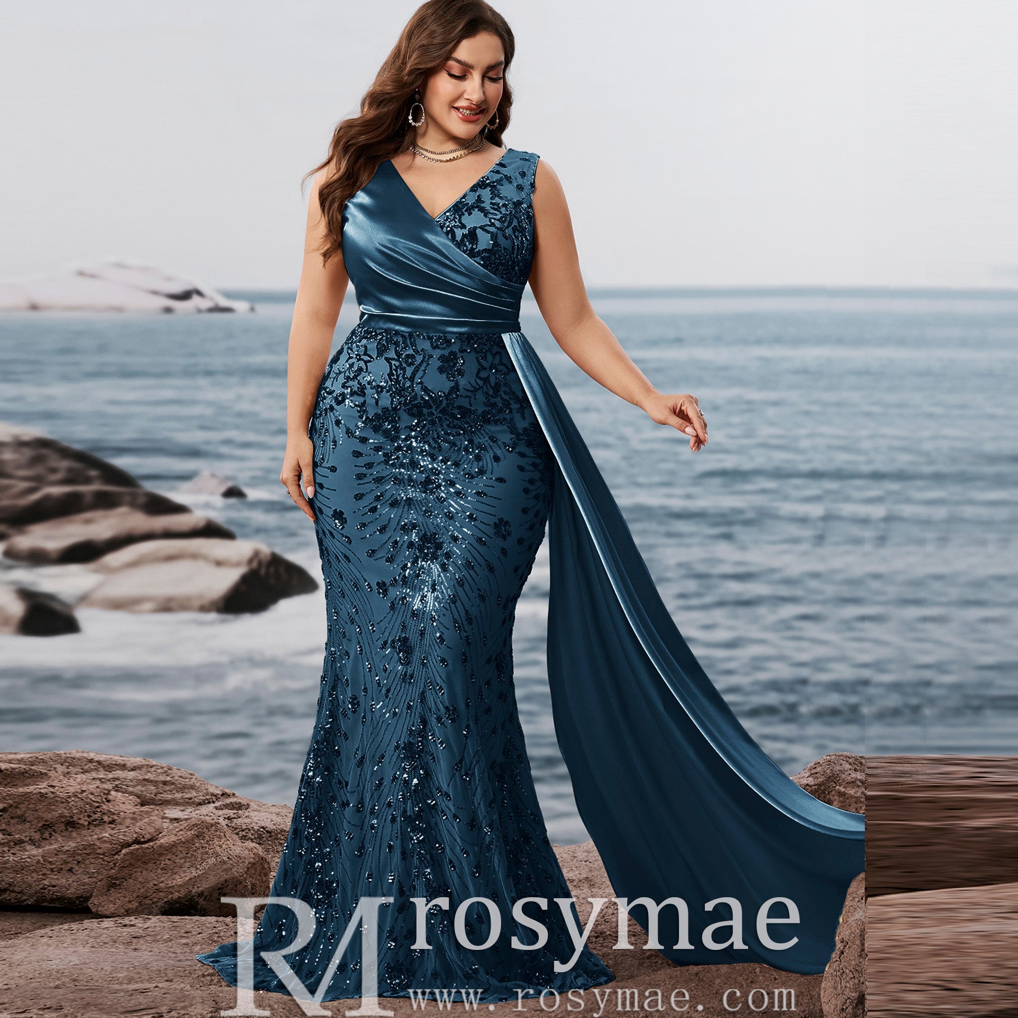 Elegant Mermaid Steel Blue Party Dresses and Formal Gowns in Plus Size