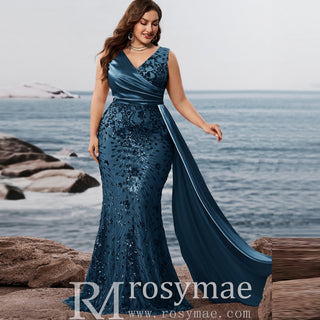 Elegant Mermaid Steel Blue Party Dresses and Formal Gowns in Plus Size - Rosymae