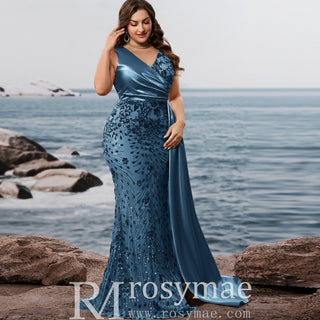 Elegant Mermaid Steel Blue Party Dresses and Formal Gowns in Plus Size - Rosymae