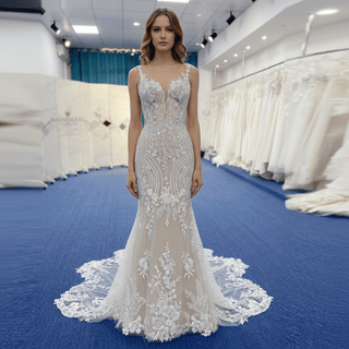 Elegant Mermaid Tulle Lace Wedding Dress with Spaghetti Strap - Rosymae