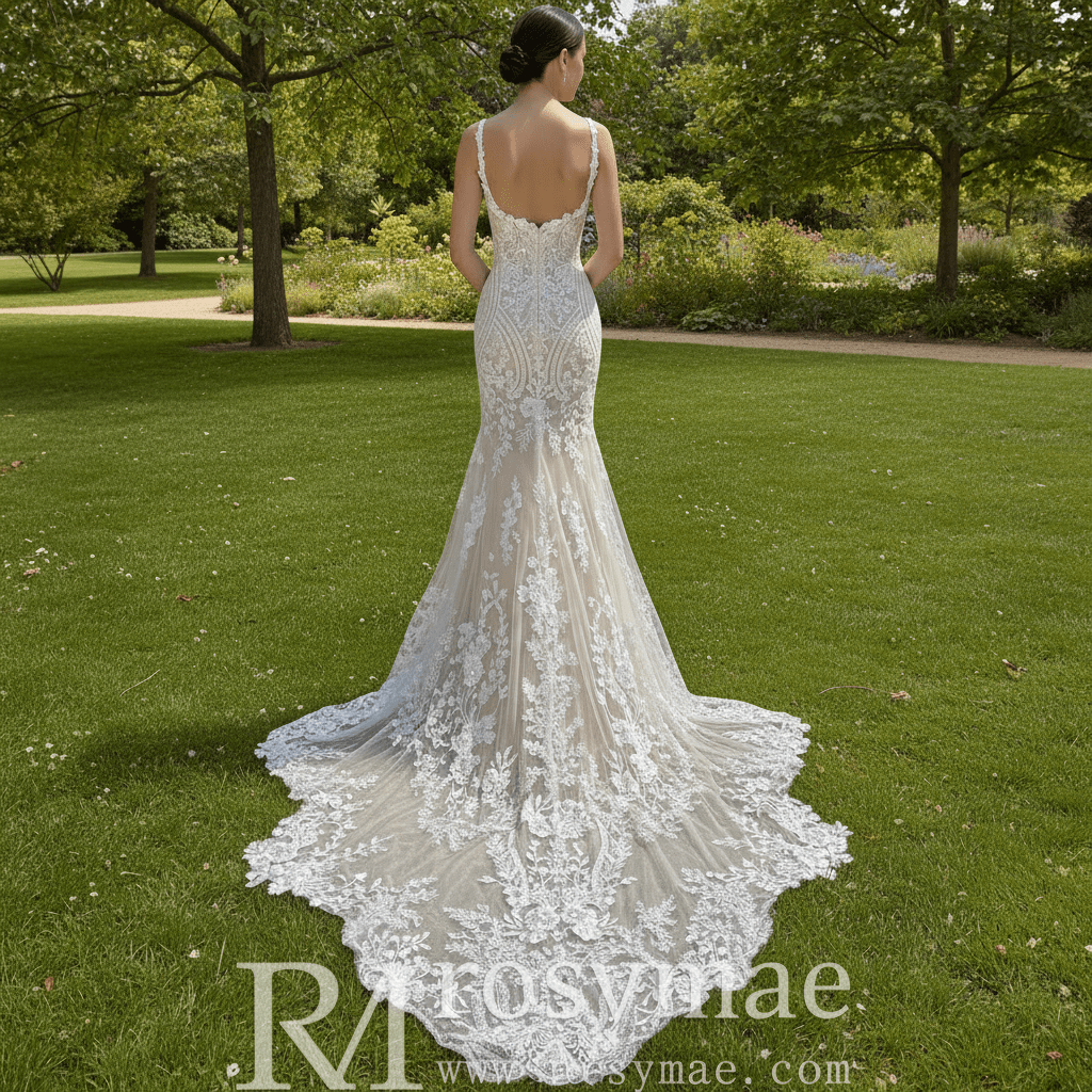 Elegant Mermaid Tulle Lace Wedding Dress with Spaghetti Strap - Rosymae