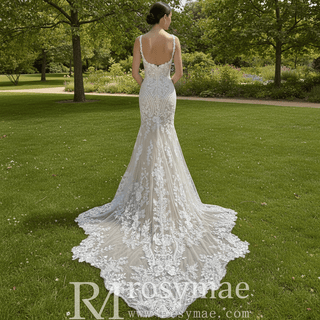 Elegant Mermaid Tulle Lace Wedding Dress with Spaghetti Strap - Rosymae