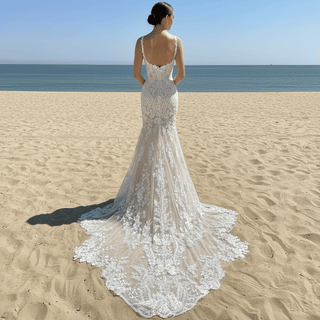 Elegant Mermaid Tulle Lace Wedding Dress with Spaghetti Strap - Rosymae