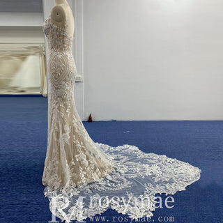 Elegant Mermaid Tulle Lace Wedding Dress with Spaghetti Strap - Rosymae