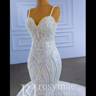 Elegant Mermaid Wedding Dress Beading Pearls with Spaghetti Straps - Rosymae