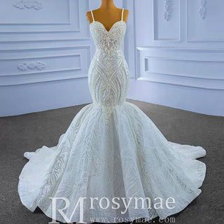 Elegant Mermaid Wedding Dress Beading Pearls with Spaghetti Straps - Rosymae