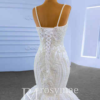 Elegant Mermaid Wedding Dress Beading Pearls with Spaghetti Straps - Rosymae