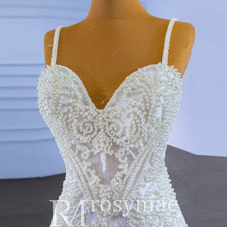 Elegant Mermaid Wedding Dress Beading Pearls with Spaghetti Straps - Rosymae