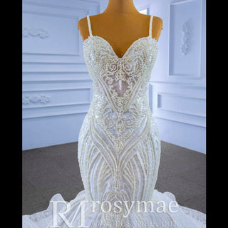 Elegant Mermaid Wedding Dress Beading Pearls with Spaghetti Straps - Rosymae