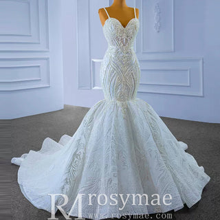 Elegant Mermaid Wedding Dress Beading Pearls with Spaghetti Straps - Rosymae