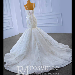 Elegant Mermaid Wedding Dress Beading Pearls with Spaghetti Straps - Rosymae