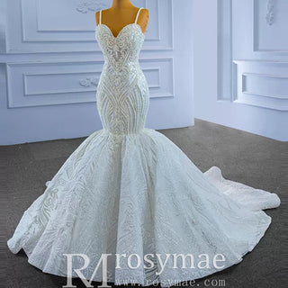 Elegant Mermaid Wedding Dress Beading Pearls with Spaghetti Straps - Rosymae