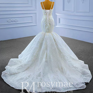 Elegant Mermaid Wedding Dress Beading Pearls with Spaghetti Straps - Rosymae