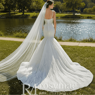 Elegant Mermaid Wedding Dress Beading Pearls with Spaghetti Straps - Rosymae