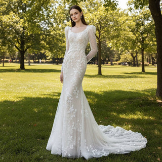 Elegant Mermaid Wedding Dress Long Sleeves With Scoop Neck - Rosymae