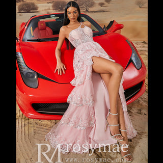 Elegant Modern One Shoulder Long Tulle Maxi Party Dress with Leg Slit - Rosymae