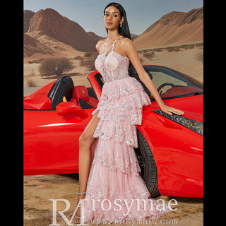 Elegant Modern One Shoulder Long Tulle Maxi Party Dress with Leg Slit - Rosymae