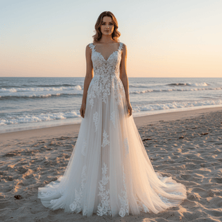 Elegant Modern V-Neck Lace Wedding Dress A-line with Tank Top - Rosymae