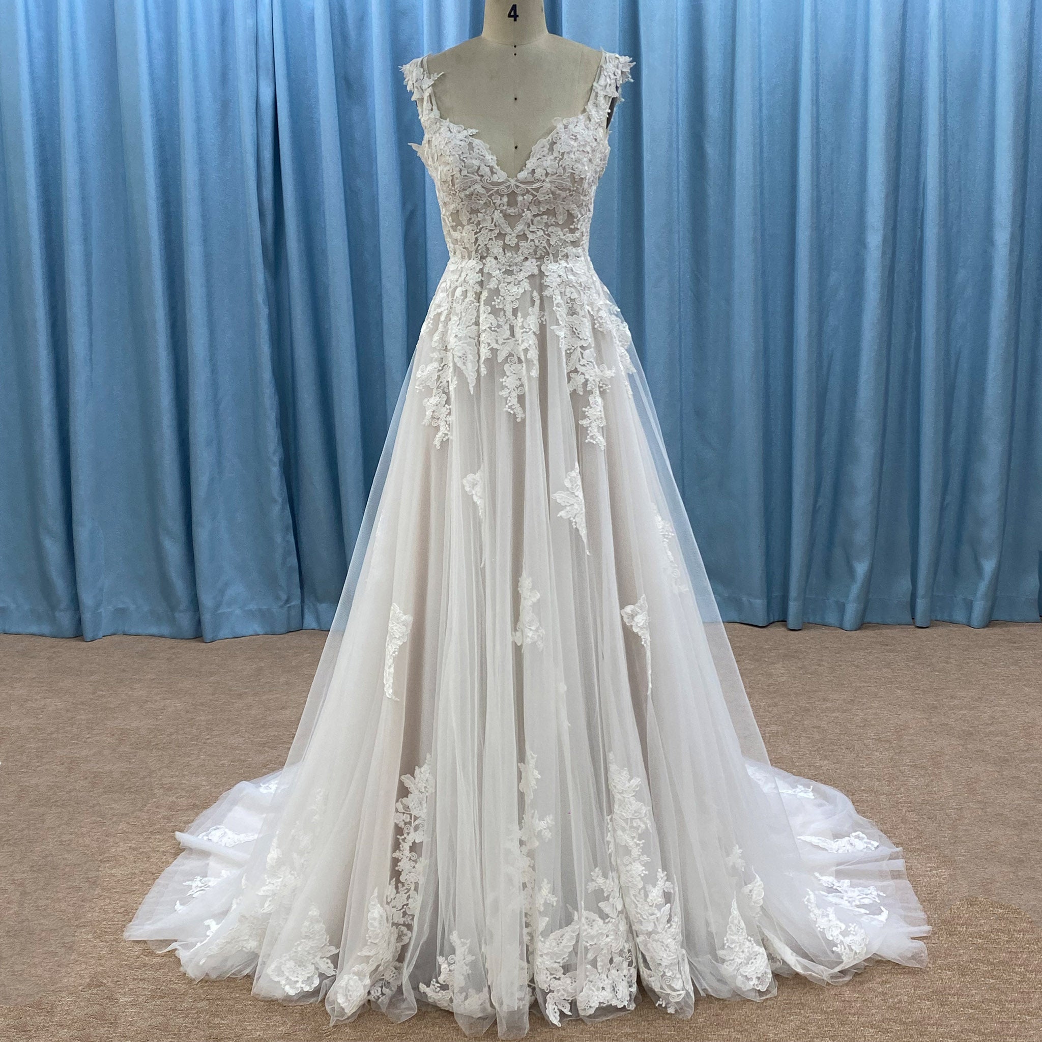 Elegant Modern V-Neck Lace Wedding Dress A-line with Tank Top - Rosymae