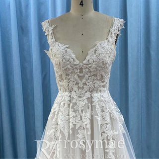 Elegant Modern V-Neck Lace Wedding Dress A-line with Tank Top - Rosymae