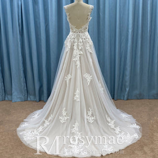 Elegant Modern V-Neck Lace Wedding Dress A-line with Tank Top - Rosymae