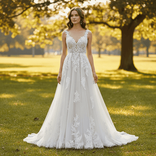 Elegant Modern V-Neck Lace Wedding Dress A-line with Tank Top - Rosymae